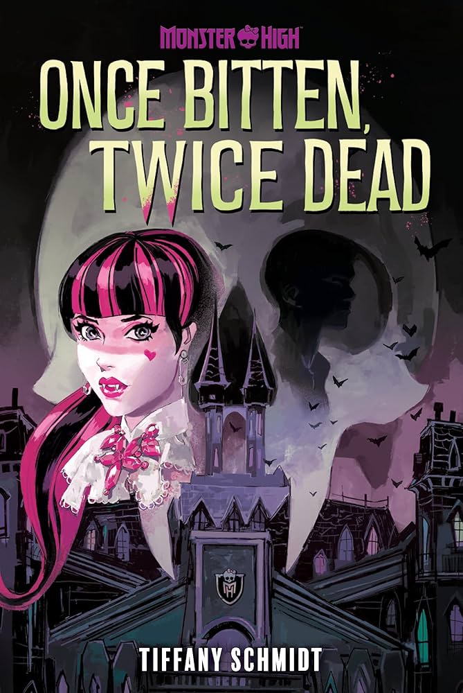 Monster High novel cover - Draculaura in ruffled lace collar and pink bow stands in the foreground against a looming dark silhouette and stormy sky scattered with bats, Monster High school building behind her