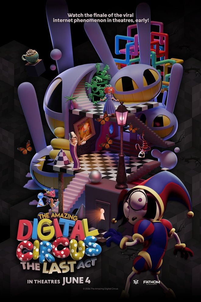 poster for The Amazing Digital Circus: The Last Act, featuring pomni against a black backdrop surrounded by circus imagery